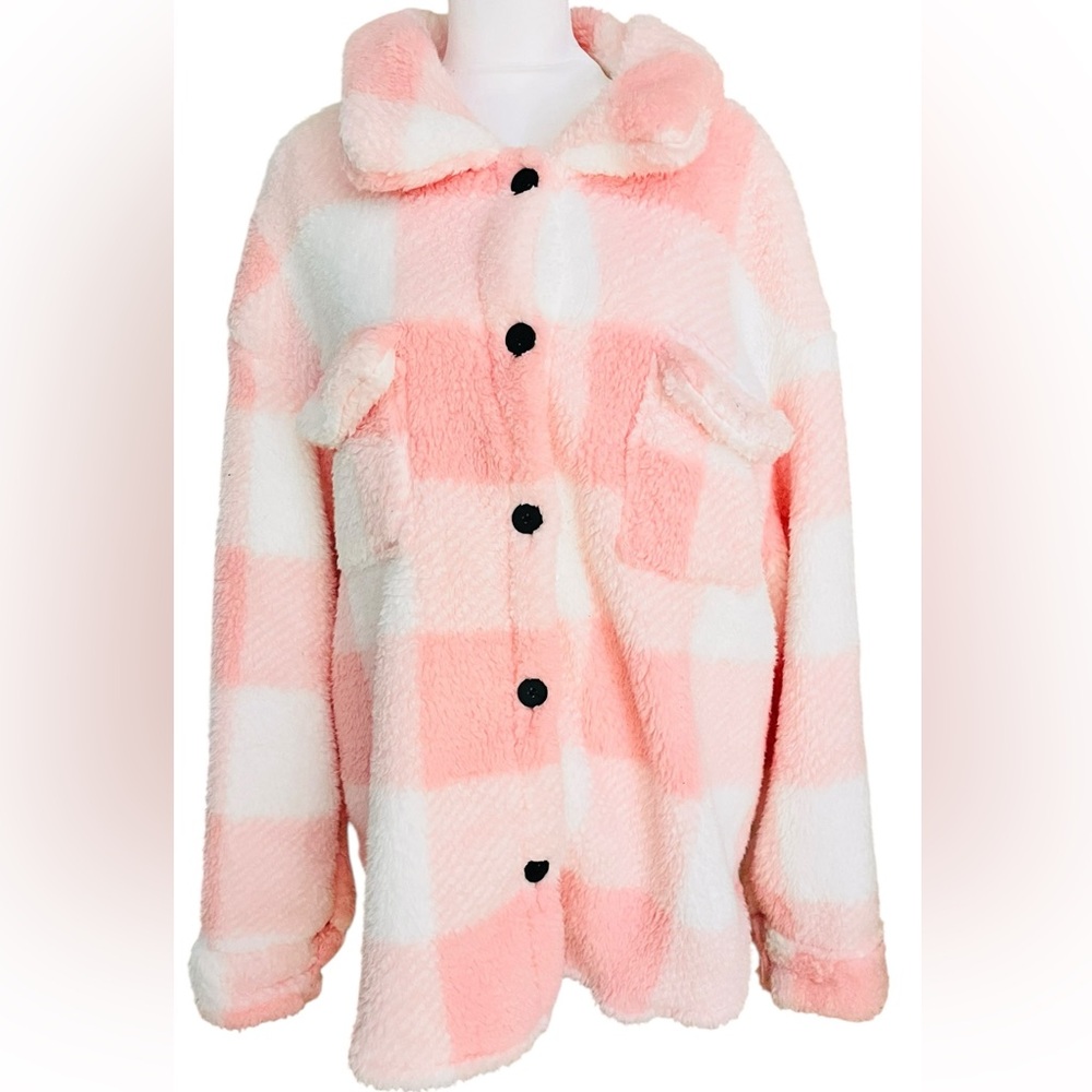 Pink and White Plaid Fleece Jacket
